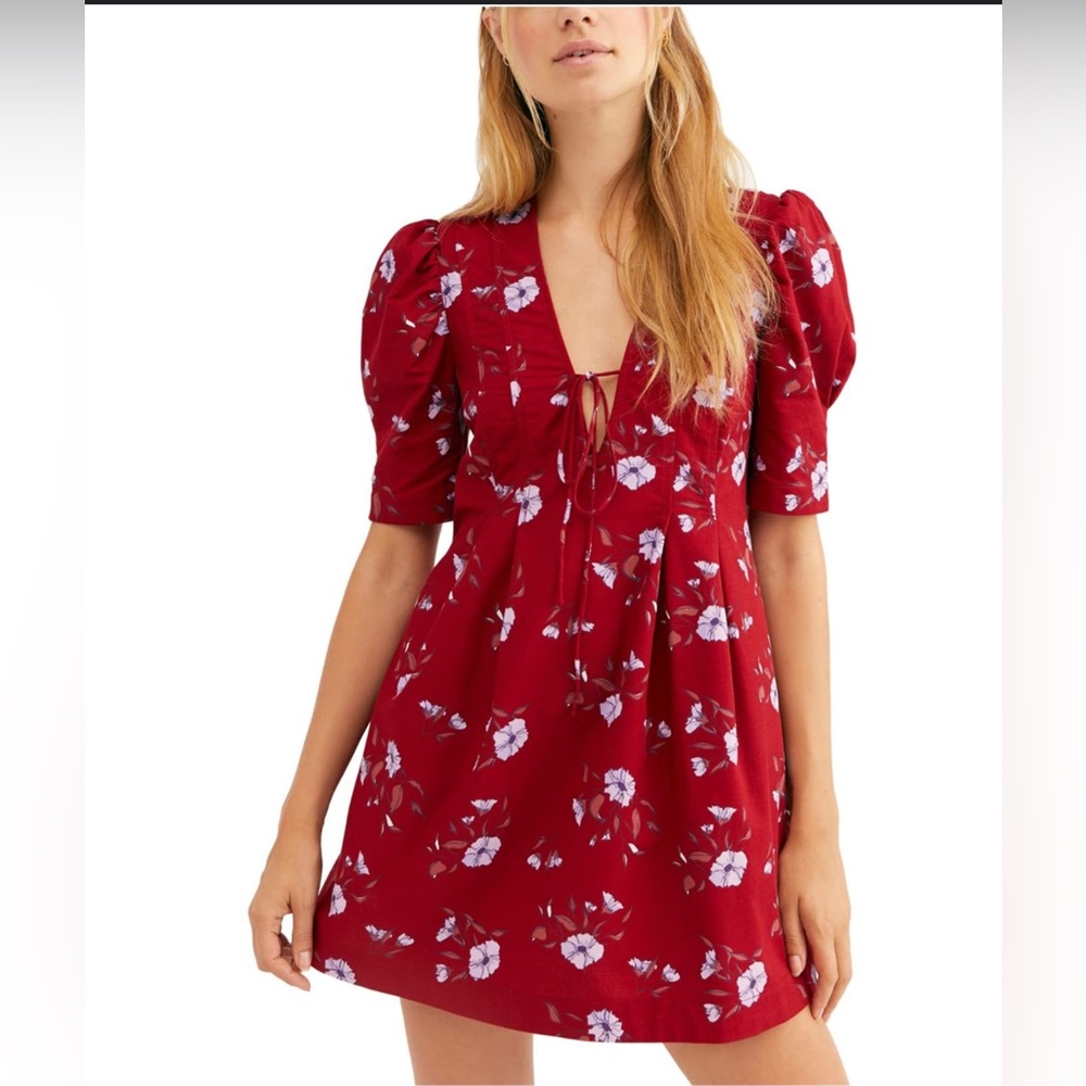 Free People Adelle Floral Tunic Mini Dress Size MEDIUM boho red puffy sleeve